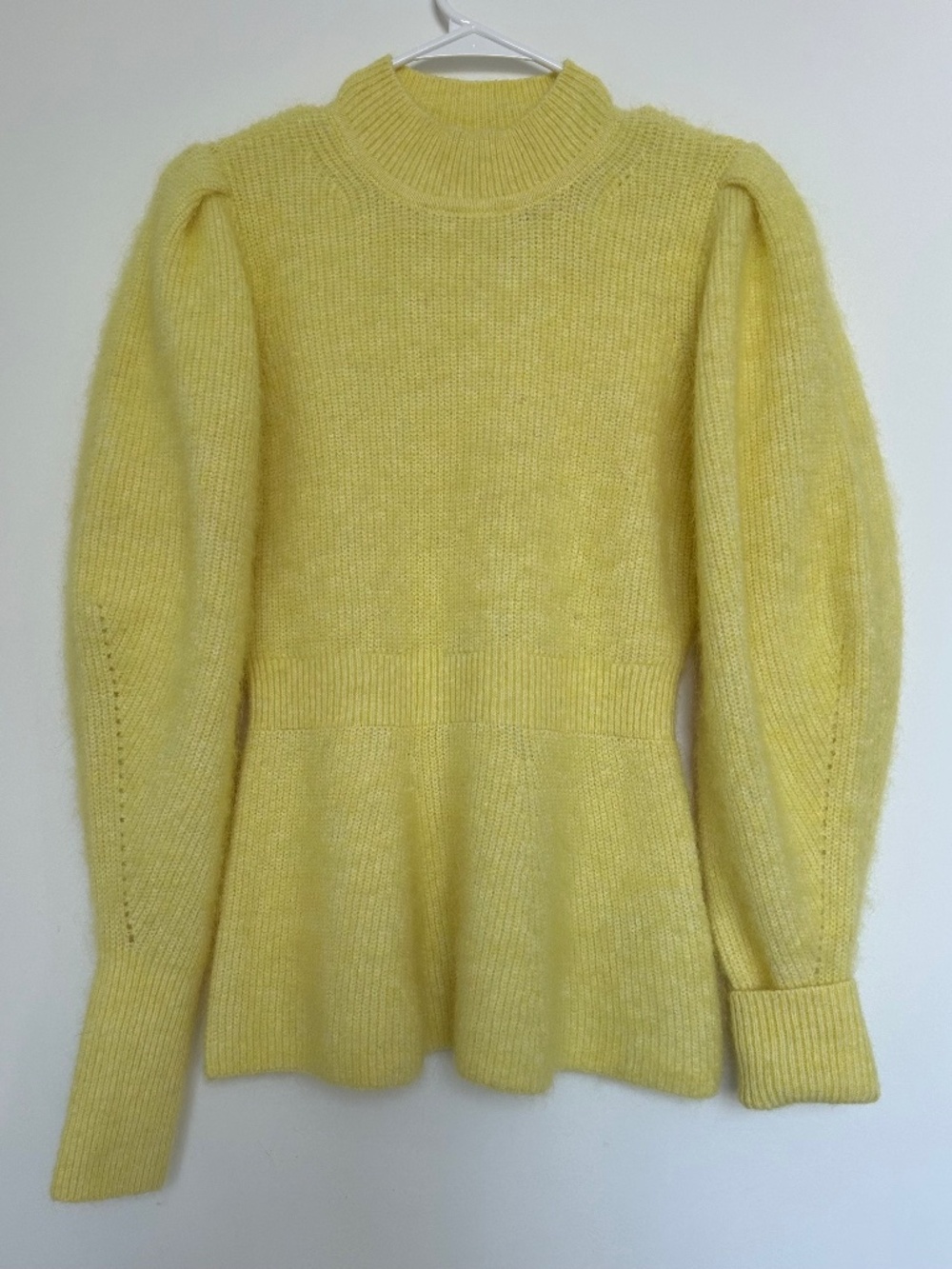 NWOT H&M Premium Alpaca Blend Yellow Peplum Sweater Mock Neck Puff Sleeve S